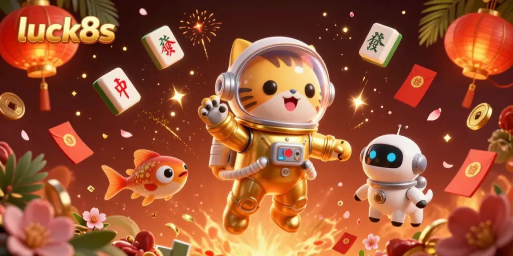 Engage in thrilling action at luck8s with an astronaut cat and robot dog floating in a vibrant nebula.