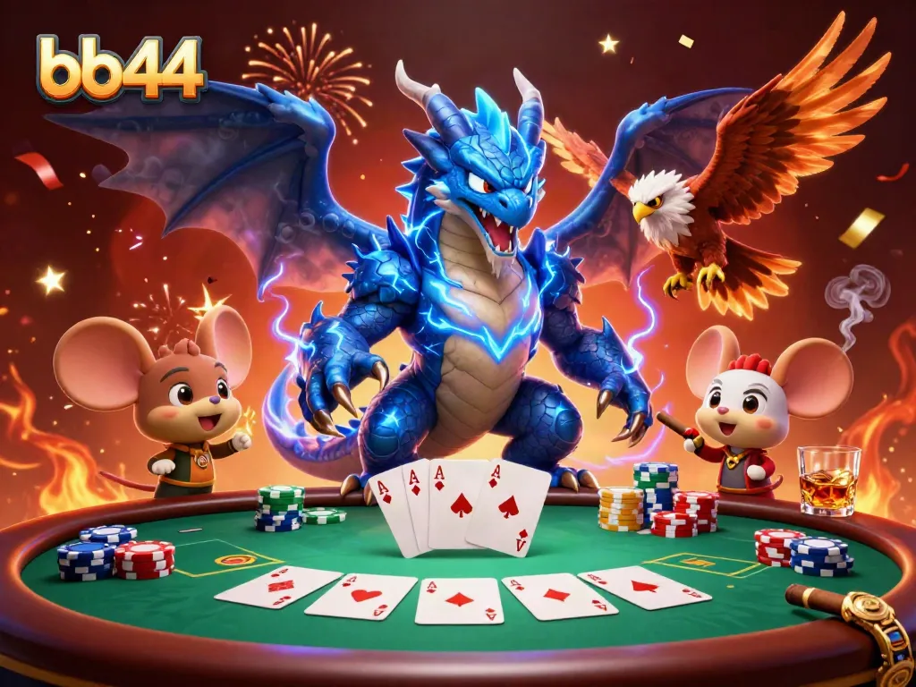 Win big at bb44 casino with a thrilling 3D dragon, hawk, and thunder mouse amid poker elements.