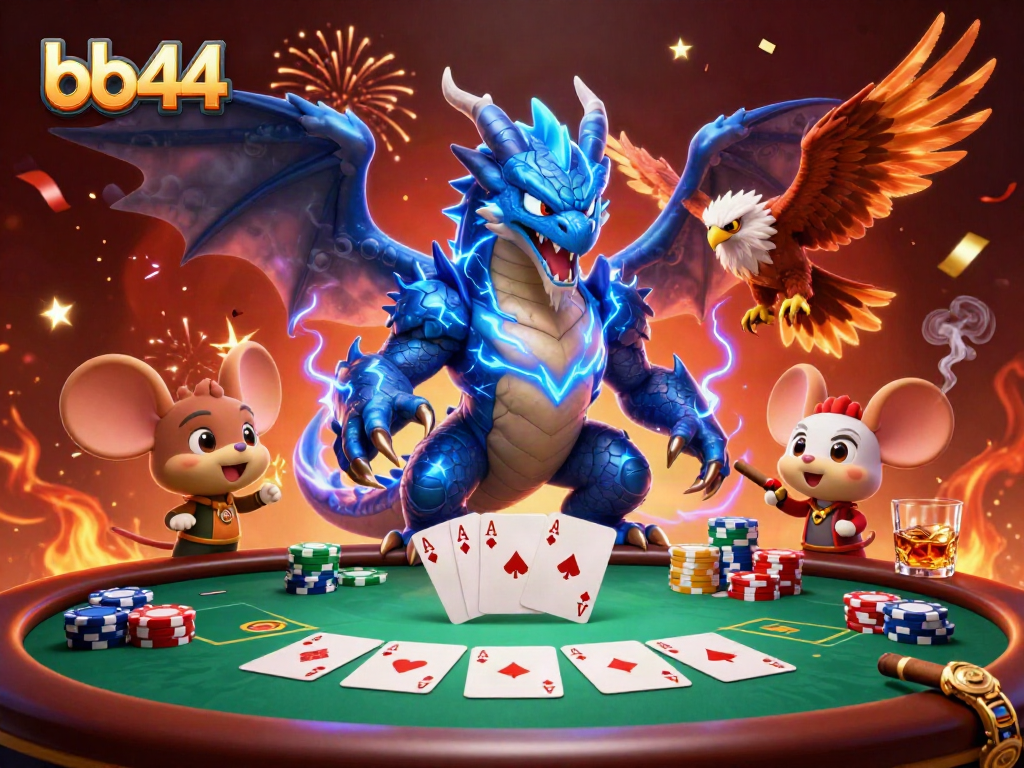 Win big at bb44 casino with a thrilling 3D dragon, hawk, and thunder mouse amid poker elements.