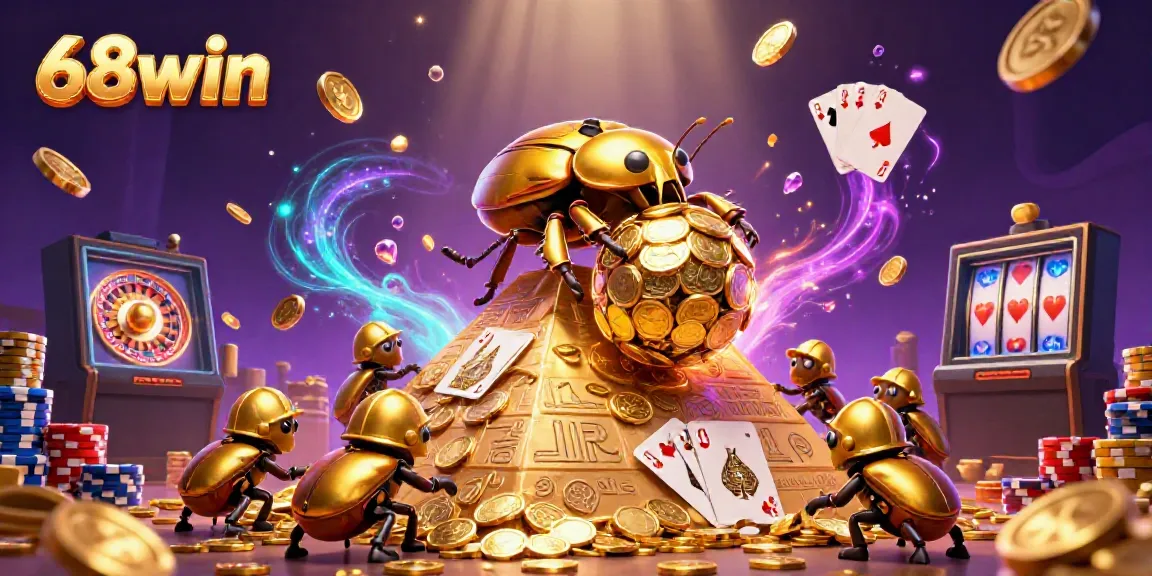 Experience the thrilling 68win casino adventure with golden coins, beetles, and vibrant games!