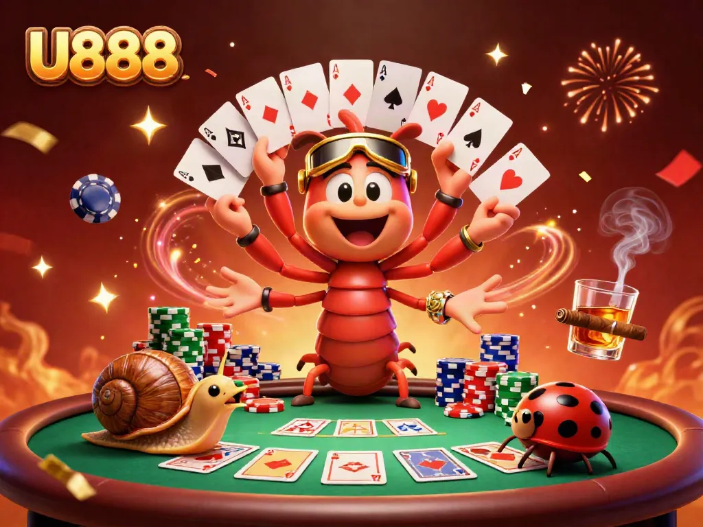 Experience U888 with an animated millipede dealer, vibrant poker scene, and festive atmosphere.