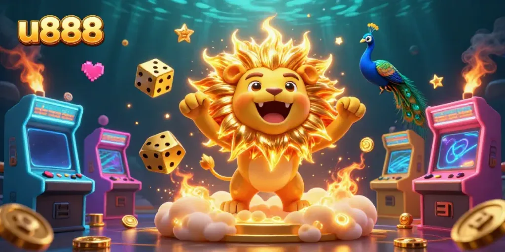 Play games on u888, featuring a lion character, dice, and casino-themed visuals.