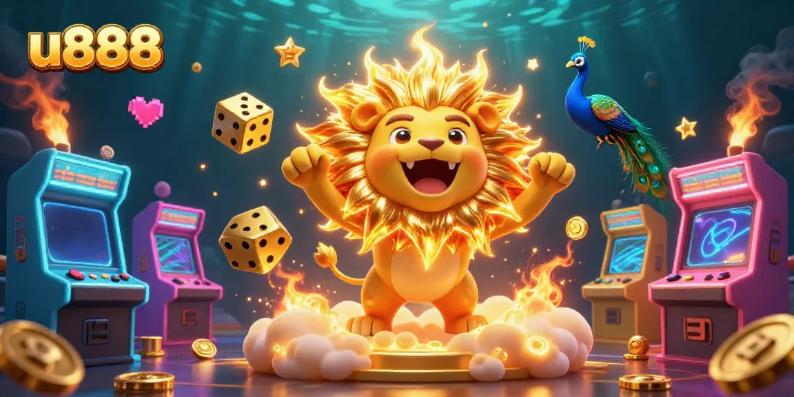 Play games on u888, featuring a lion character, dice, and casino-themed visuals.