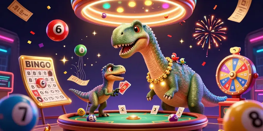 Nhatvip's dynamic casino scene highlights a brontosaurus interacting vividly with a clever raptor dealer amidst colorful casino elements.