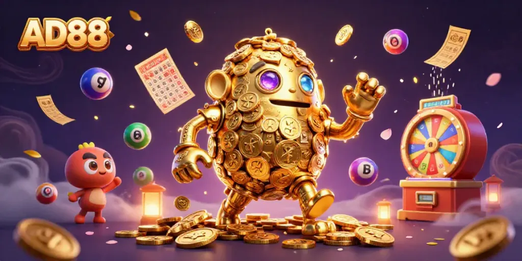 Engage with AD88 in a vibrant casino-themed 3D scene filled with dynamic gambling elements.