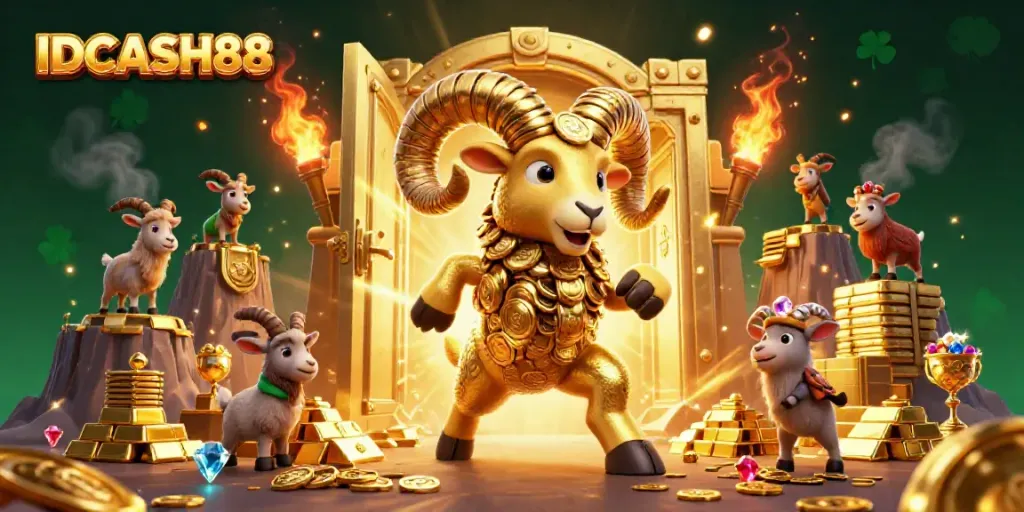 Experience the thrill of IDCASH88 with our animated golden ram charging through a treasure vault.