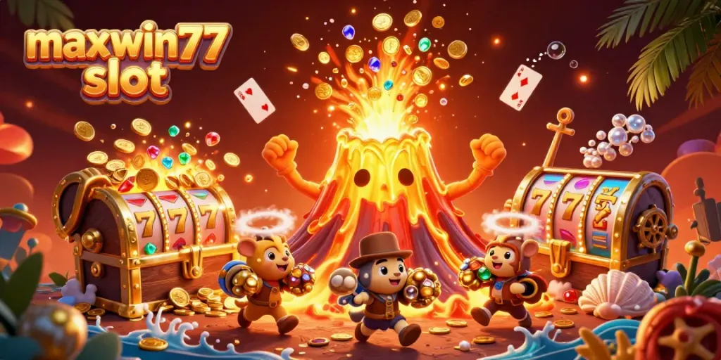 Spin to win with the maxwin77 slot in this vibrant 3D treasure eruption scene!