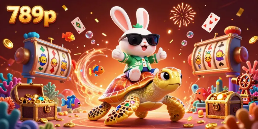 Experience excitement with the 789p lucky rabbit and golden sea turtle in a vibrant casino underwater scene.