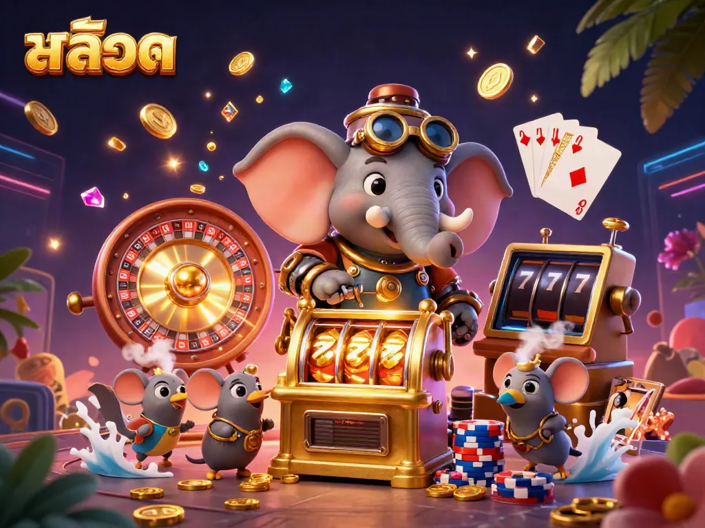 เล่นเกมสล็อตกับสล็อตแมชชีนที่สร้างขึ้นโดยช้างสตีมพังก์ในฉากคาสิโนสวยงาม