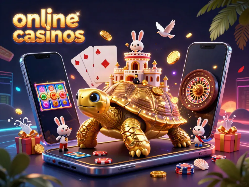 Enjoy thrilling online casinos experience with a vibrant illustration of a golden tortoise casino featuring interactive elements.