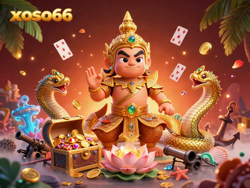 Engaging scene of xoso66 featuring a golden armor guardian with Naga serpents and colorful gems, bursting with energy.