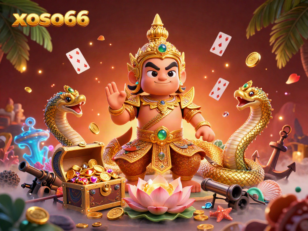 Engaging scene of xoso66 featuring a golden armor guardian with Naga serpents and colorful gems, bursting with energy.