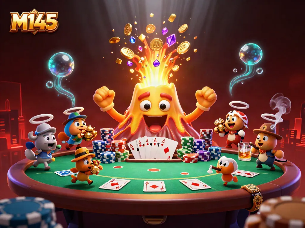 Experience the vibrant eruptions of M145 with animated gold coins and cards from a dynamic poker scene.