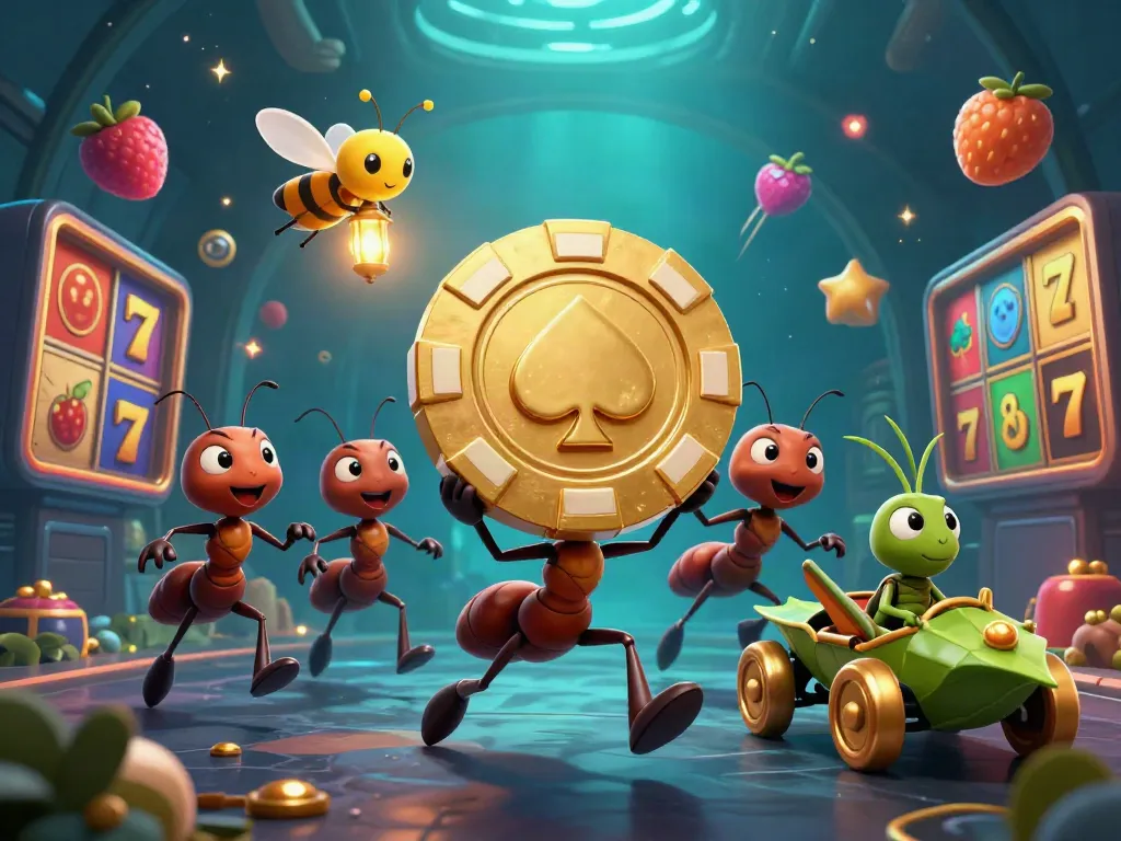 GG88's dynamic heist scene with ants carrying a poker chip, showcasing vibrant casino elements.