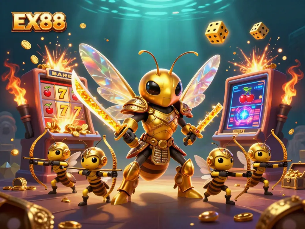 Win big with EX88's exciting slot and casino games featuring a dynamic golden hornet scene.