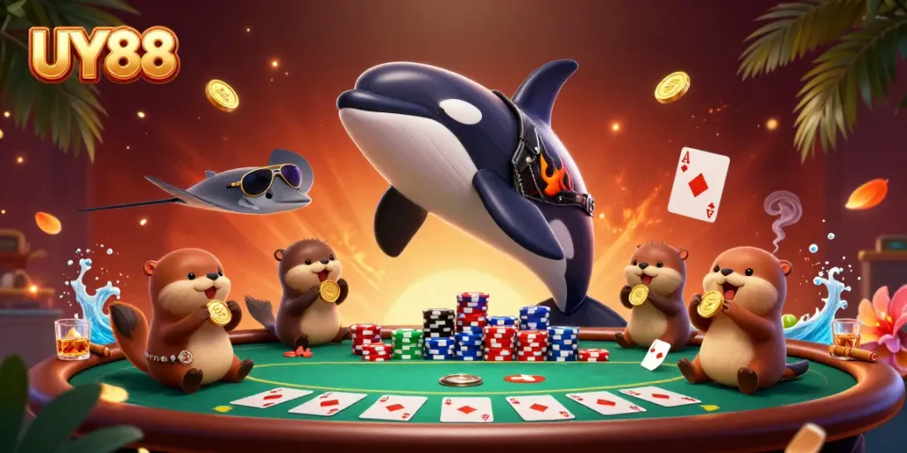 Engaging scene with UY88 showcasing thrilling poker action and whimsical marine characters.