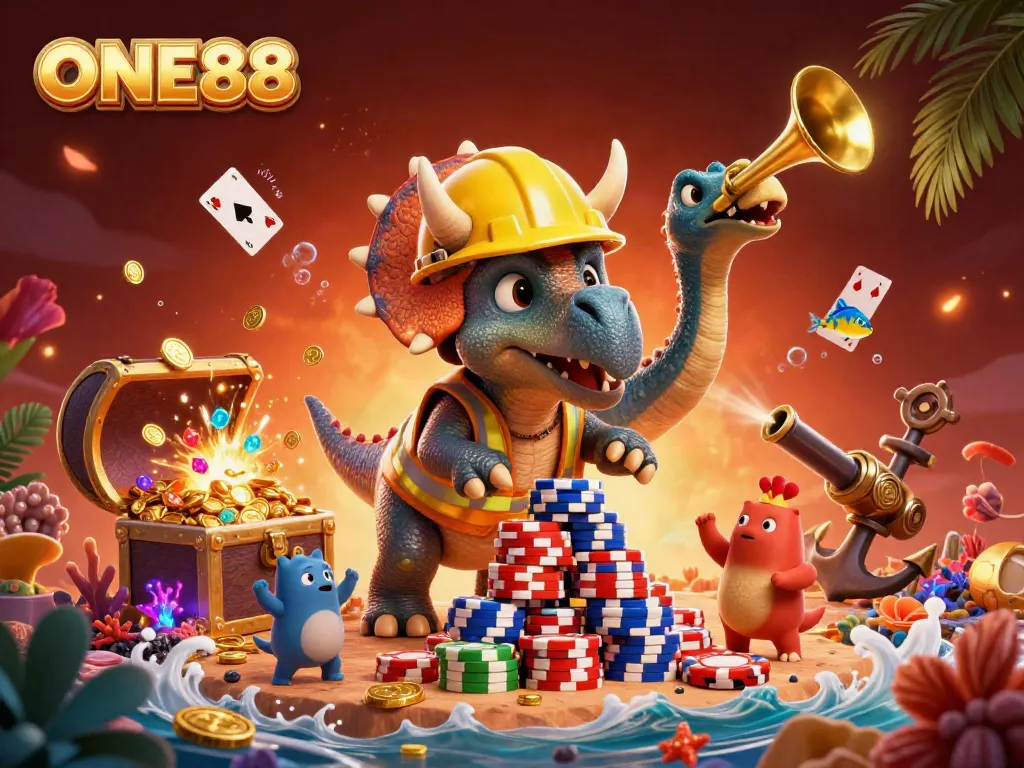 Experience immersive gameplay with ONE88 as a triceratops builds a poker chip pyramid