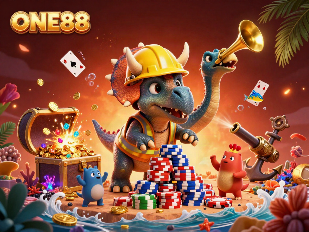 Experience immersive gameplay with ONE88 as a triceratops builds a poker chip pyramid