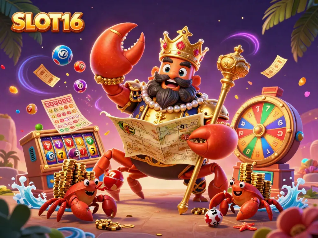 Engage with SLOT16's vibrant casino scene featuring a golden crab emperor amidst slot reels and colorful lottery balls.