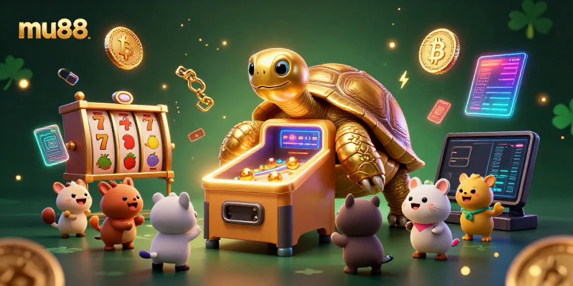 Engaging scene of the mu88 golden tortoise casino game with vibrant slot elements and animated characters.