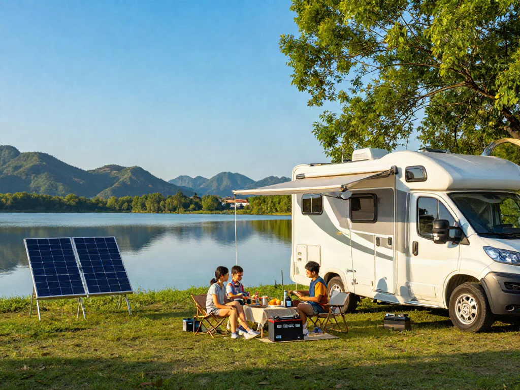 Family enjoying a picnic at a lakeside RV campsite powered by lithium RV batteries, showcasing adventurous off-grid travel.