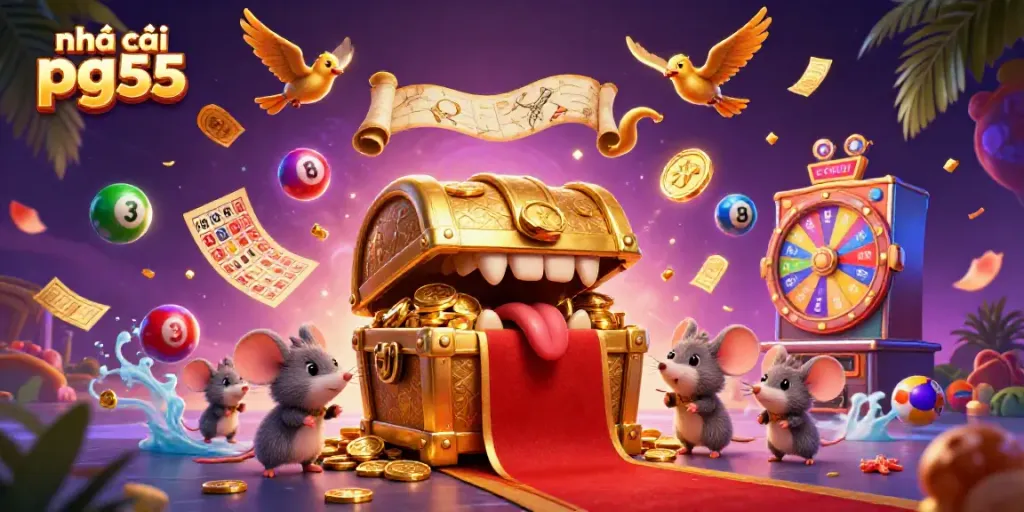 Engage in vibrant gaming with nhà cái pg55, featuring animated lottery balls and a golden treasure theme.