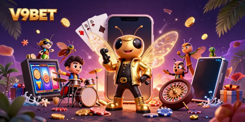 Experience excitement and winning potential with V9BET in a vibrant casino-themed scene