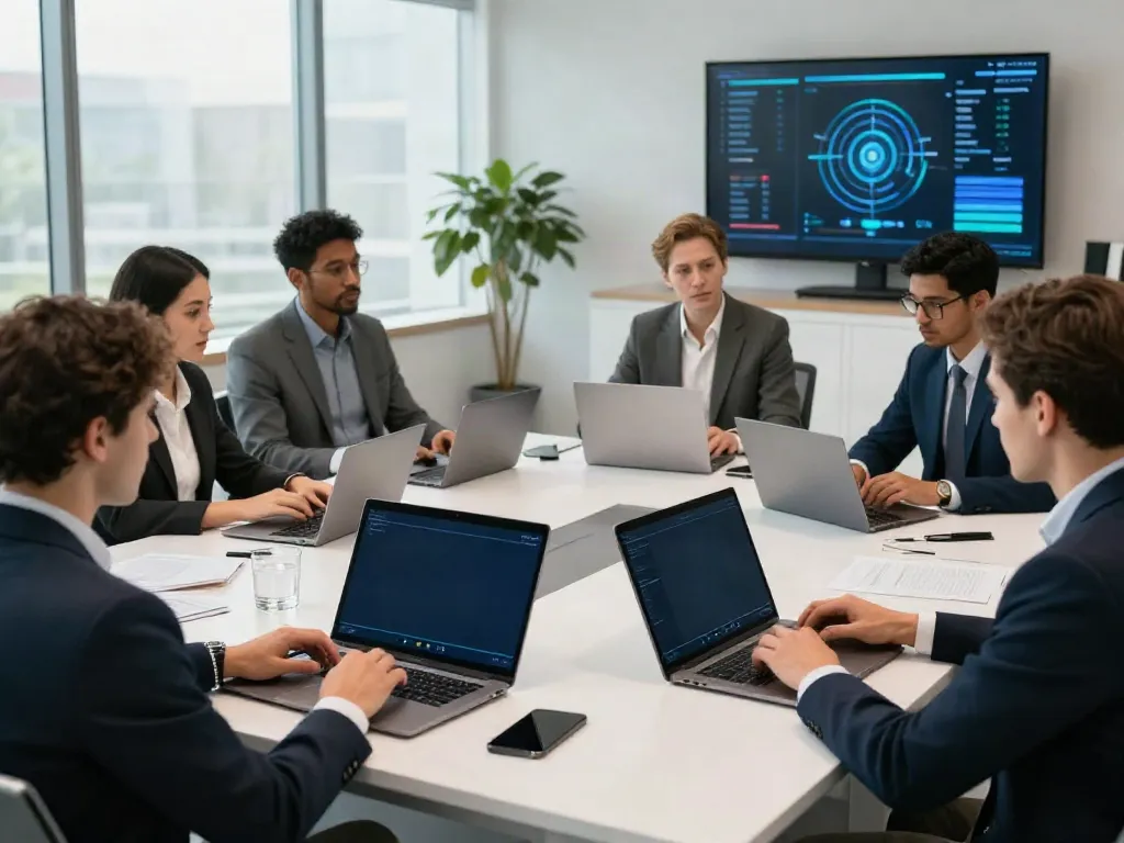 Deepfake protected Online Video Calls, Meetings and Conferencing in action with a diverse team using AI technology for secure communications.