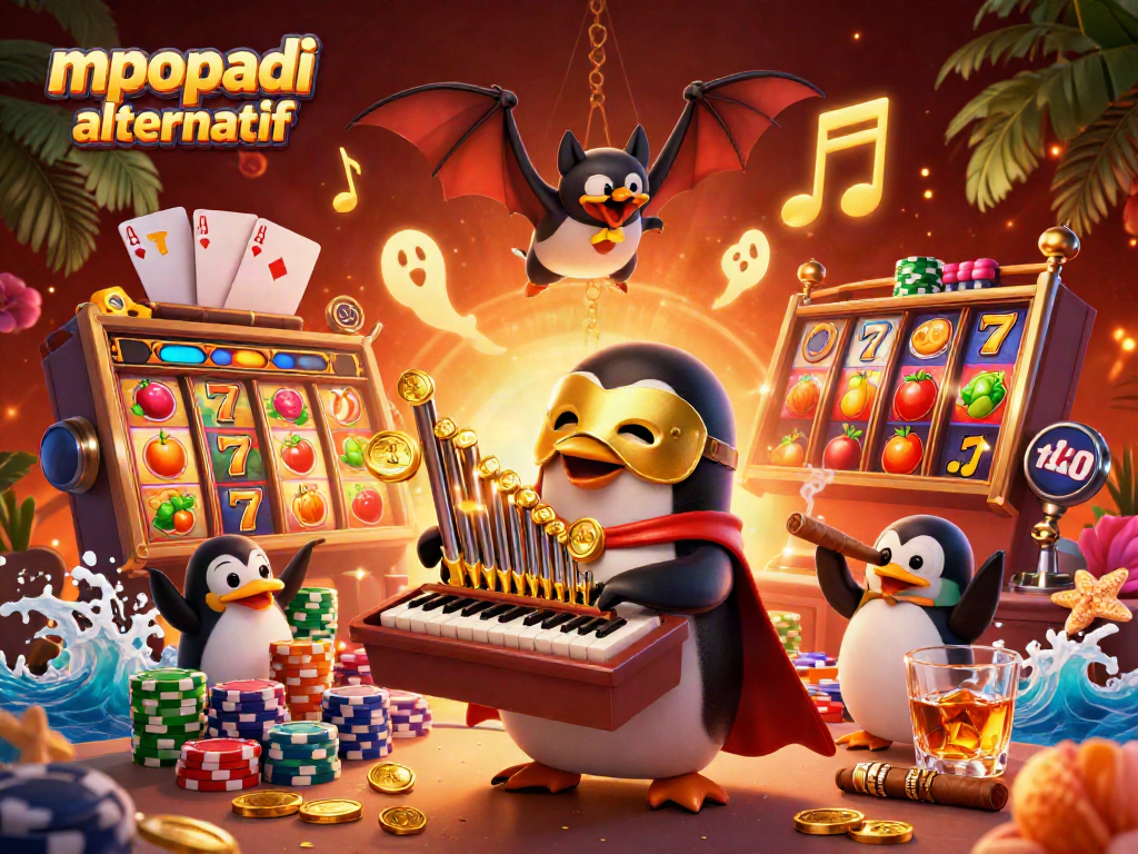 Experience the excitement of mpopadi alternatif with a 3D penguin character playing slots amidst golden coins and bat acrobatics.