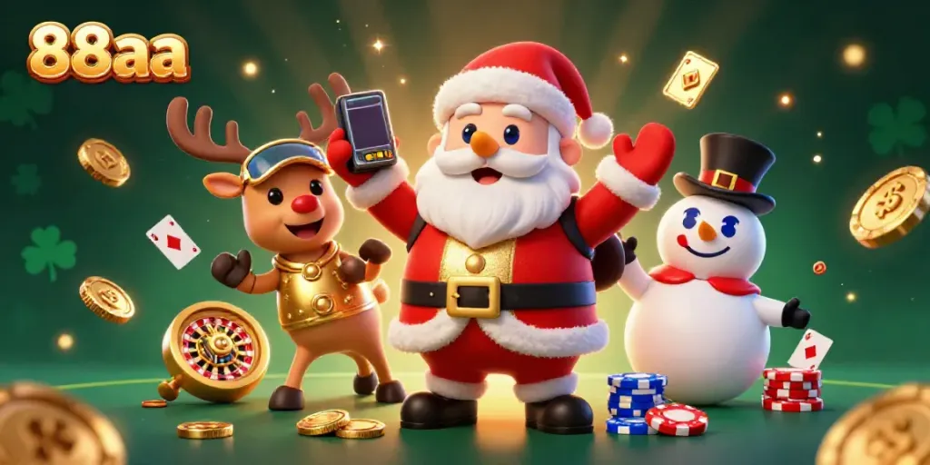 Engage with the vibrant 88aa casino scene featuring Santa, his reindeer, and a poker-chip snowman amidst playful slots and festive elements.