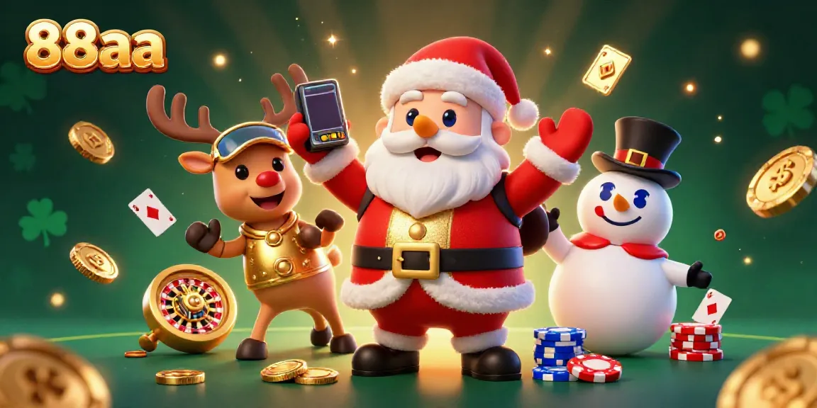 Engage with the vibrant 88aa casino scene featuring Santa, his reindeer, and a poker-chip snowman amidst playful slots and festive elements.