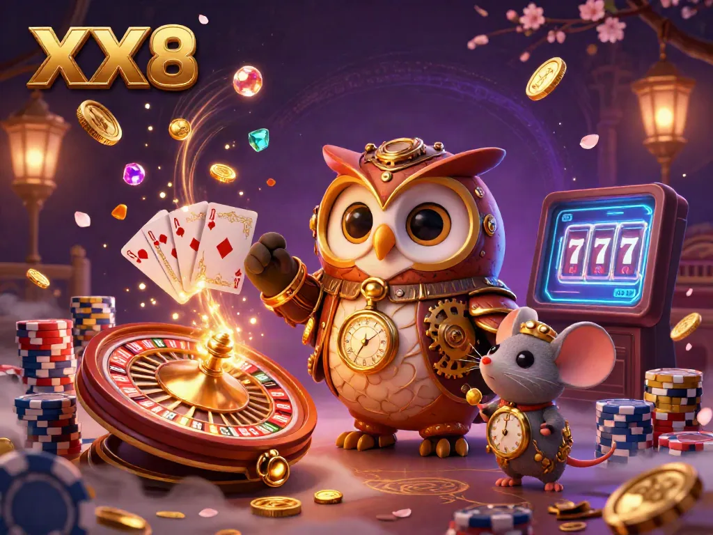 Experience the thrilling XX8 casino atmosphere with a steampunk owl and treasures flying around.