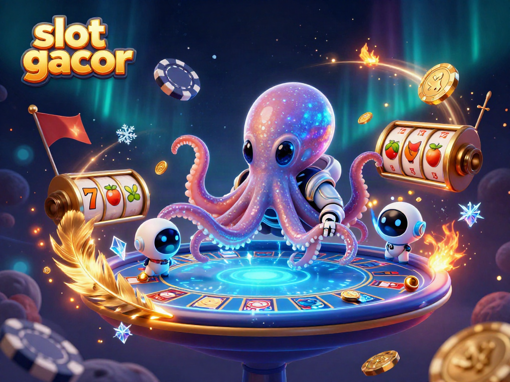 Experience slot gacor in action with a vibrant 3D scene featuring a playful octopus and dynamic poker elements.