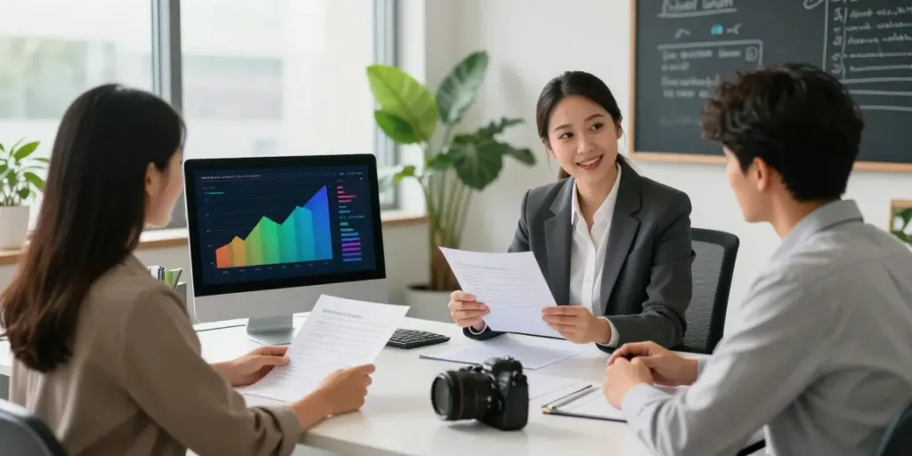 Financial advisor discussing Alberta loans with clients in an inviting office.
