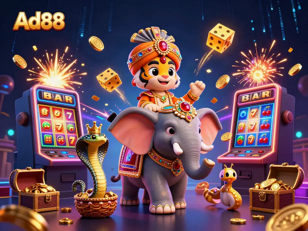 Experience jackpot wins at Ad88 with vibrant slot machines and engaging characters.