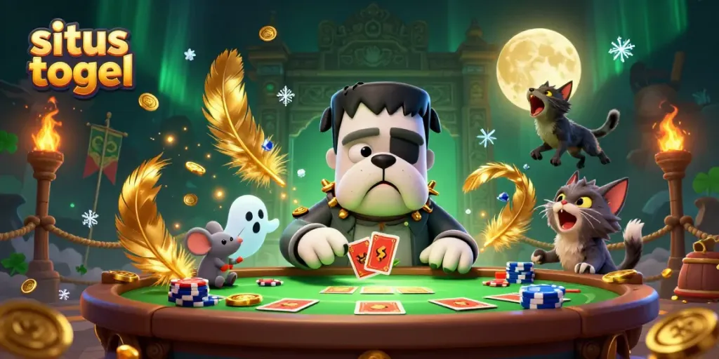 Engage with situs togel in a vibrant casino scene featuring a Frankenstein bulldog dealer, ghostly mouse, and a howling werewolf kitten.