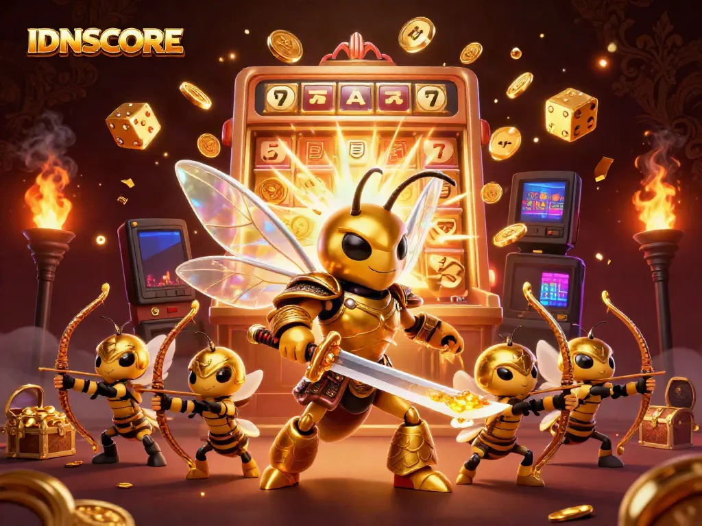 IDNSCORE showcases a vibrant 3D illustration of a samurai hornet defending a jackpot slot explosion with glowing gold elements.