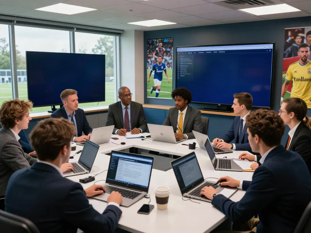 Active newsroom environment reporting ข่าวกีฬาฟุตบอล with journalists and digital screens updating football transfer news.
