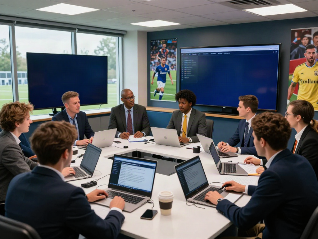 Active newsroom environment reporting ข่าวกีฬาฟุตบอล with journalists and digital screens updating football transfer news.