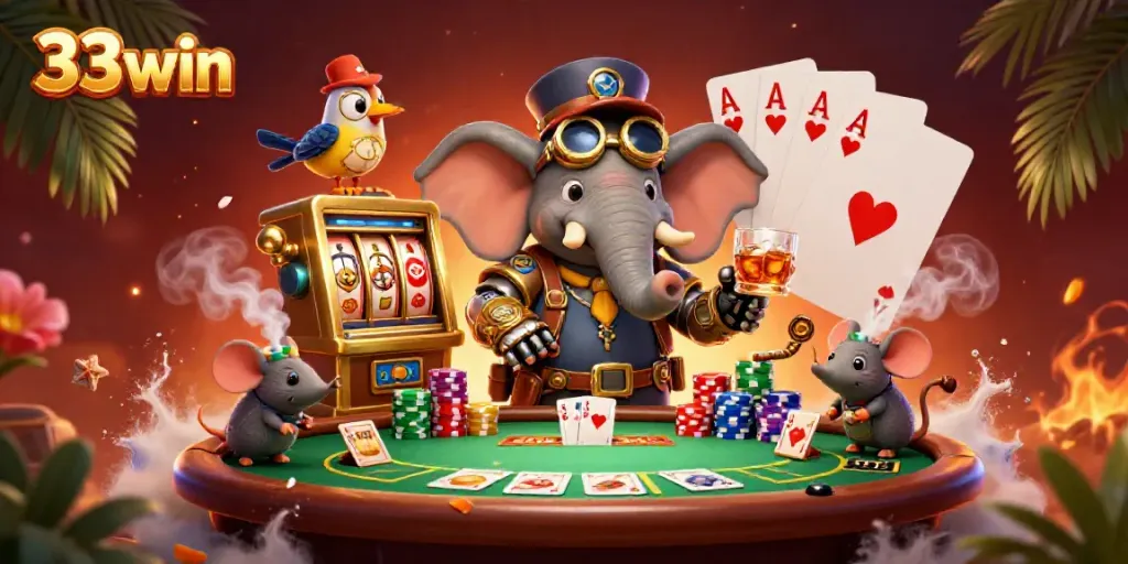 Engaging 33win-themed illustration of a steampunk elephant operating a slot machine, surrounded by gambling elements.