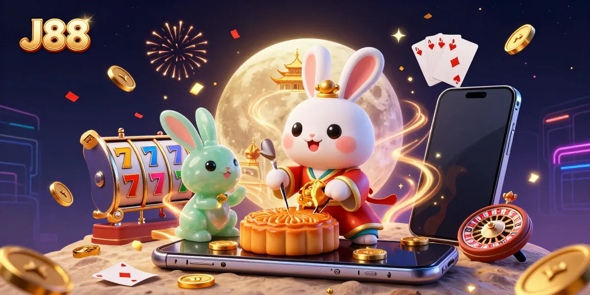 Engage with vibrant casino excitement in J88 featuring moon rabbit, slot reels, and festive elements.