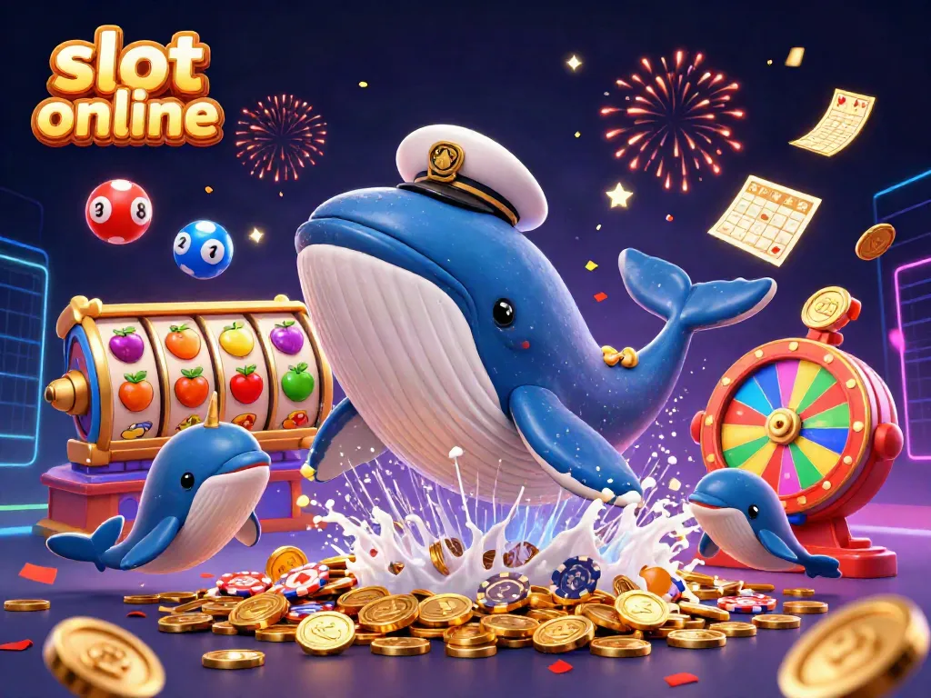 Experience the thrill of slot online with an energetic 3D scene featuring vibrant casino elements and playful characters.