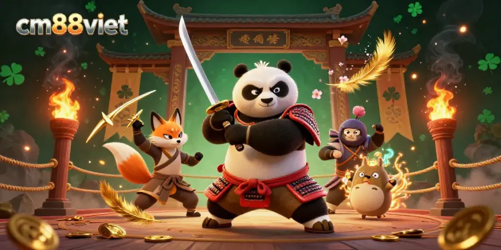 Experience the thrilling action of cm88viet with a samurai panda and ninja fox in a dynamic casino scene.