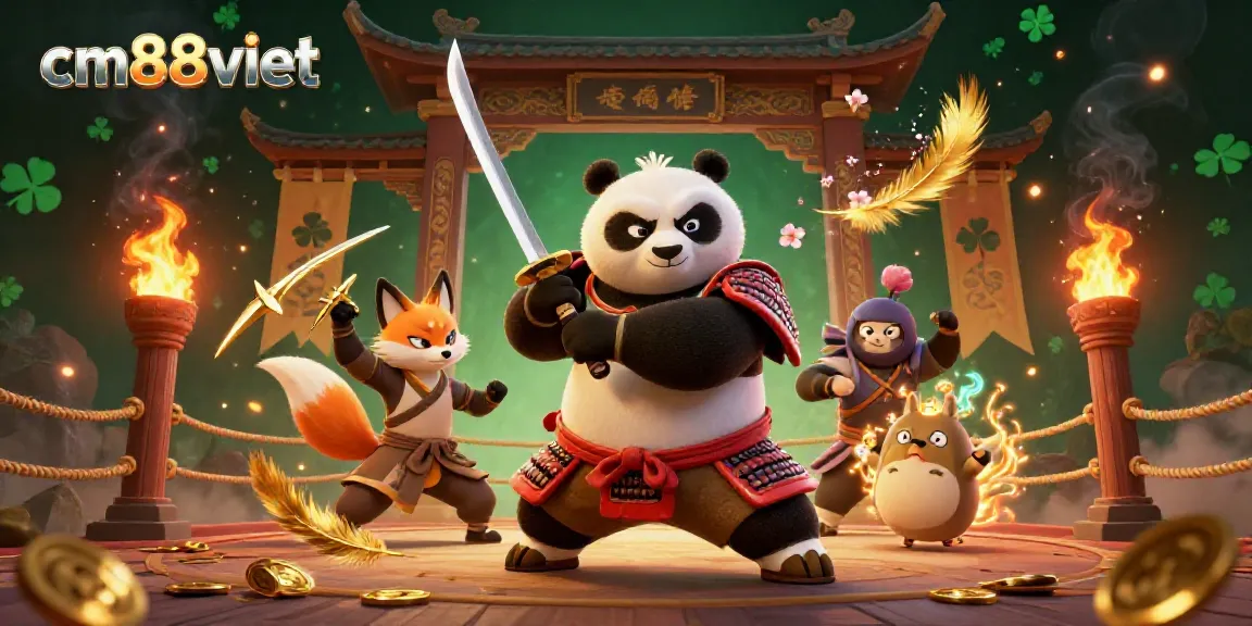 Experience the thrilling action of cm88viet with a samurai panda and ninja fox in a dynamic casino scene.