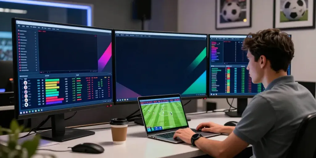 Football analytics expert analyzing data on TOP10 สโมสร in a modern studio.