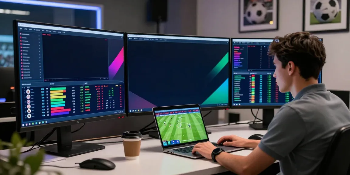 Football analytics expert analyzing data on TOP10 สโมสร in a modern studio.