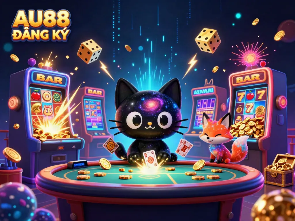 Engage in the thrilling AU88 ĐĂNG KÝ action with a cosmic casino scene featuring vibrant characters and dynamic gaming elements.