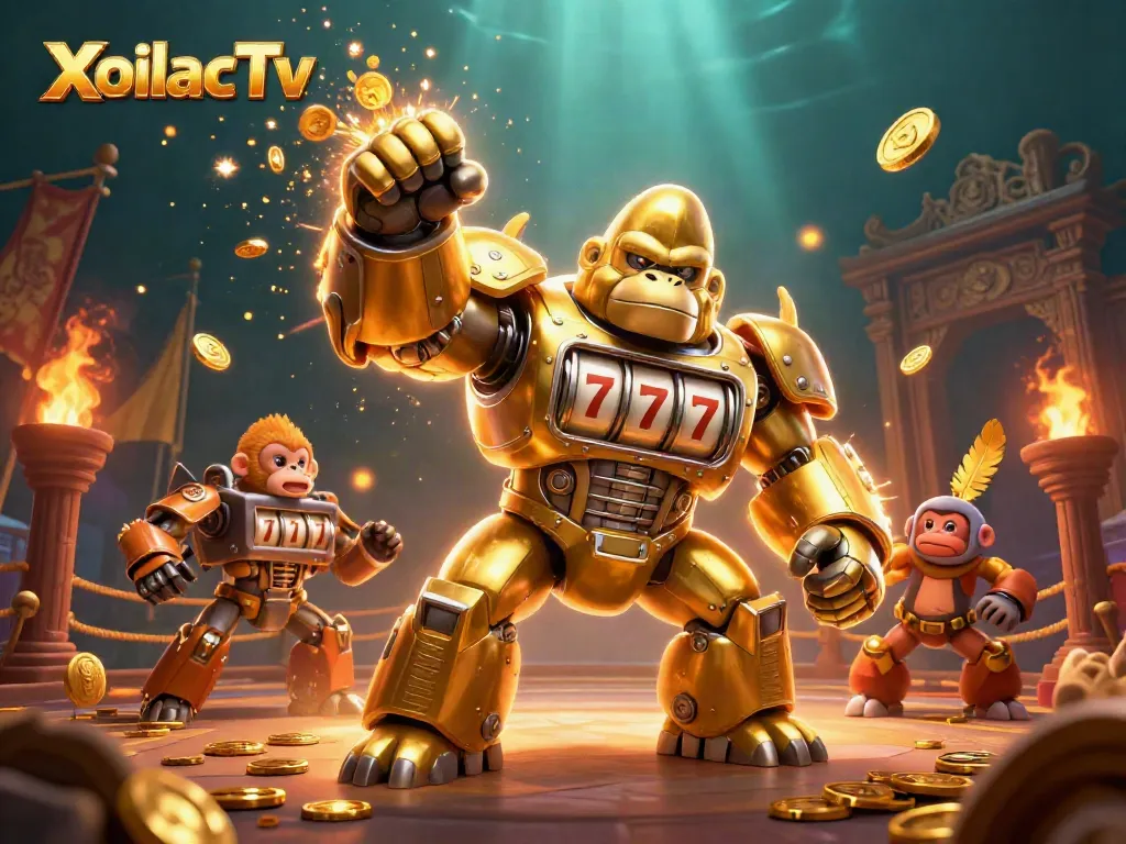 XoilacTv transforms gambling with dynamic gameplay featuring a golden mech and coins exploding.