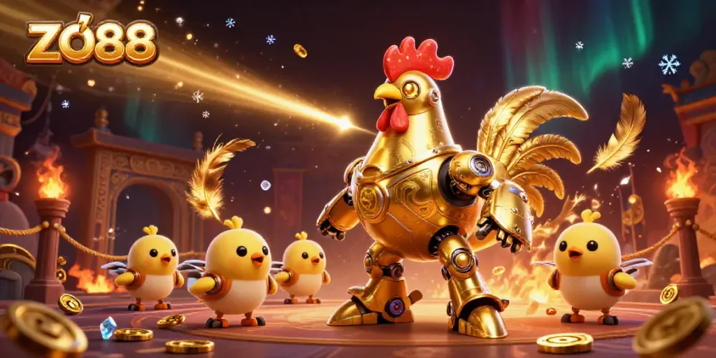 Experience the thrilling ZO88 casino adventure with a futuristic rooster robot in a vibrant gaming arena.