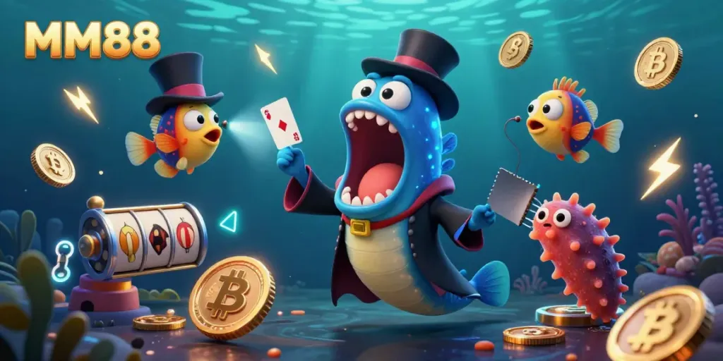 Experience exciting MM88 card tricks in a vibrant underwater casino scene.